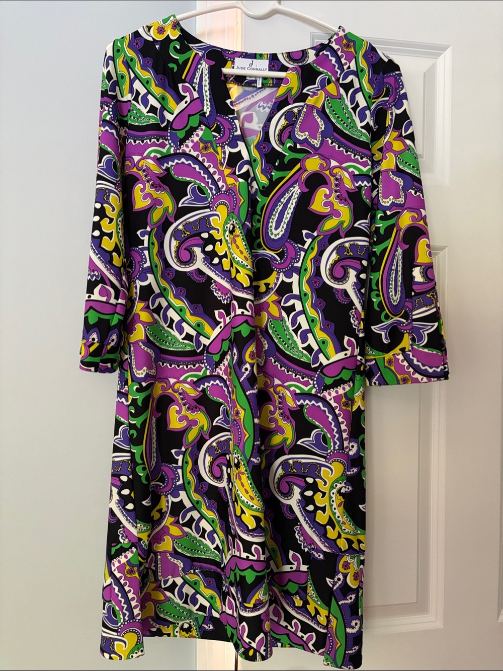 Jude Connally Purple Green Yellow Paisley V-Neck Shift Dress